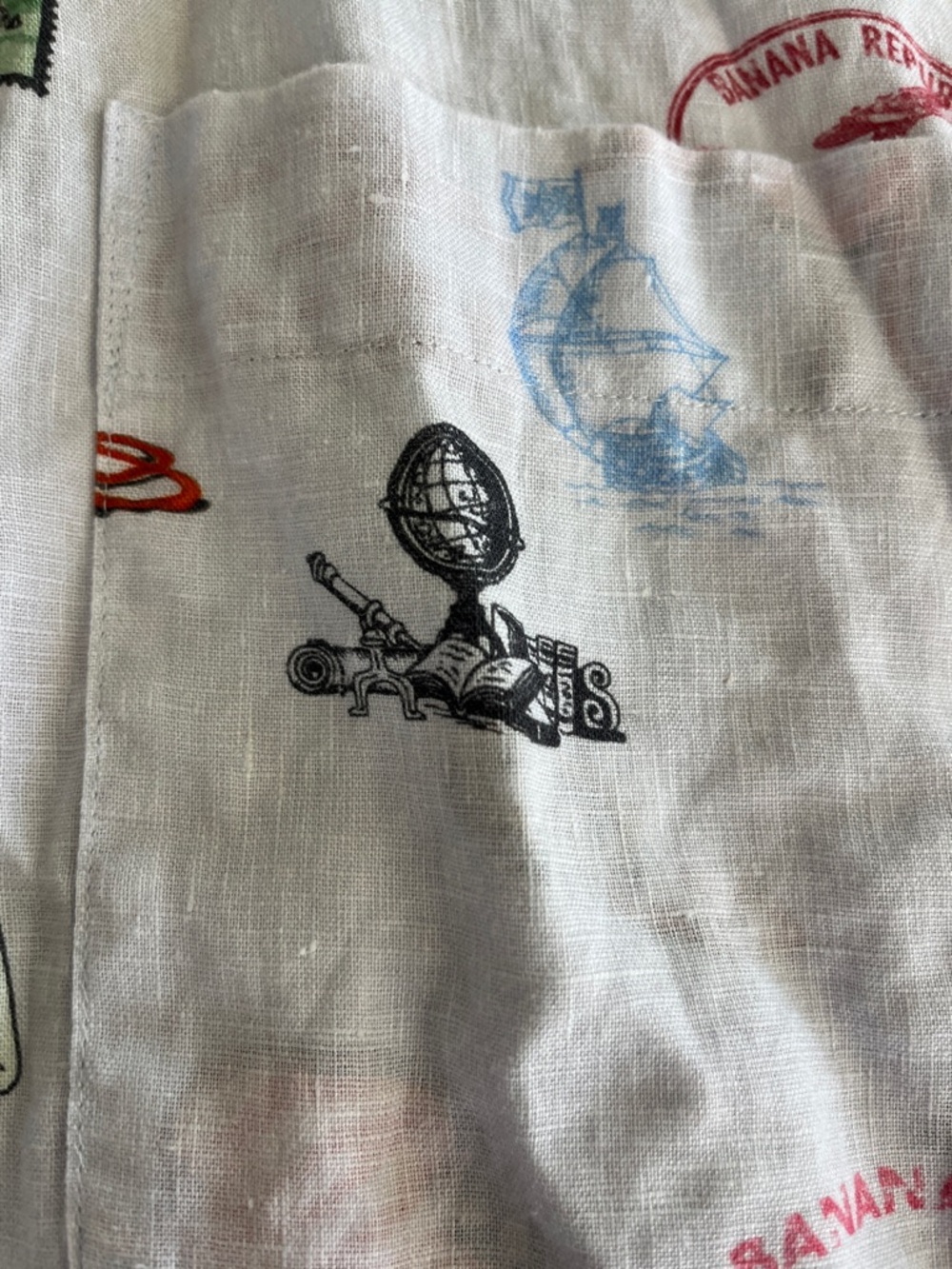 Banana Republic White Printed Linen Travel-Stamp Button-Up Shirt - Picture 4 of 5